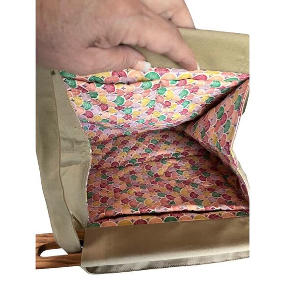 Khaki Purse, Handmade by Nana, Pockets, Mid Size, Wooden Handles - Picture 7 of 10